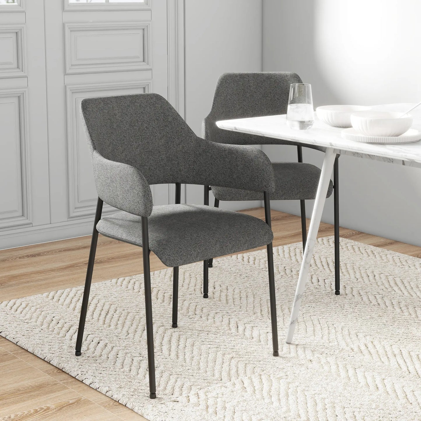 Set of 2, Fabric Kitchen Chairs with Armrests and Steel Legs in Black