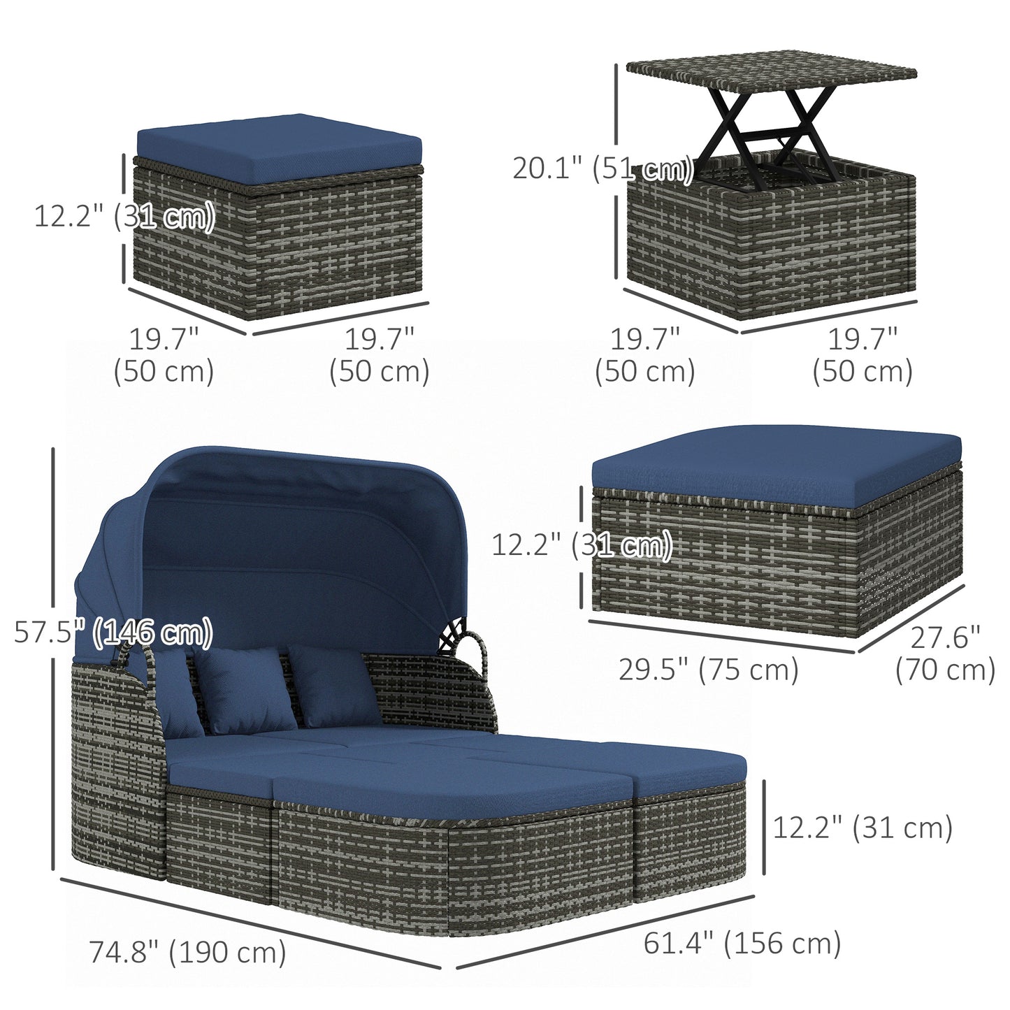 6-Piece Patio Set, PE Rattan Outdoor Daybed with Canopy and Lift up Coffee Table