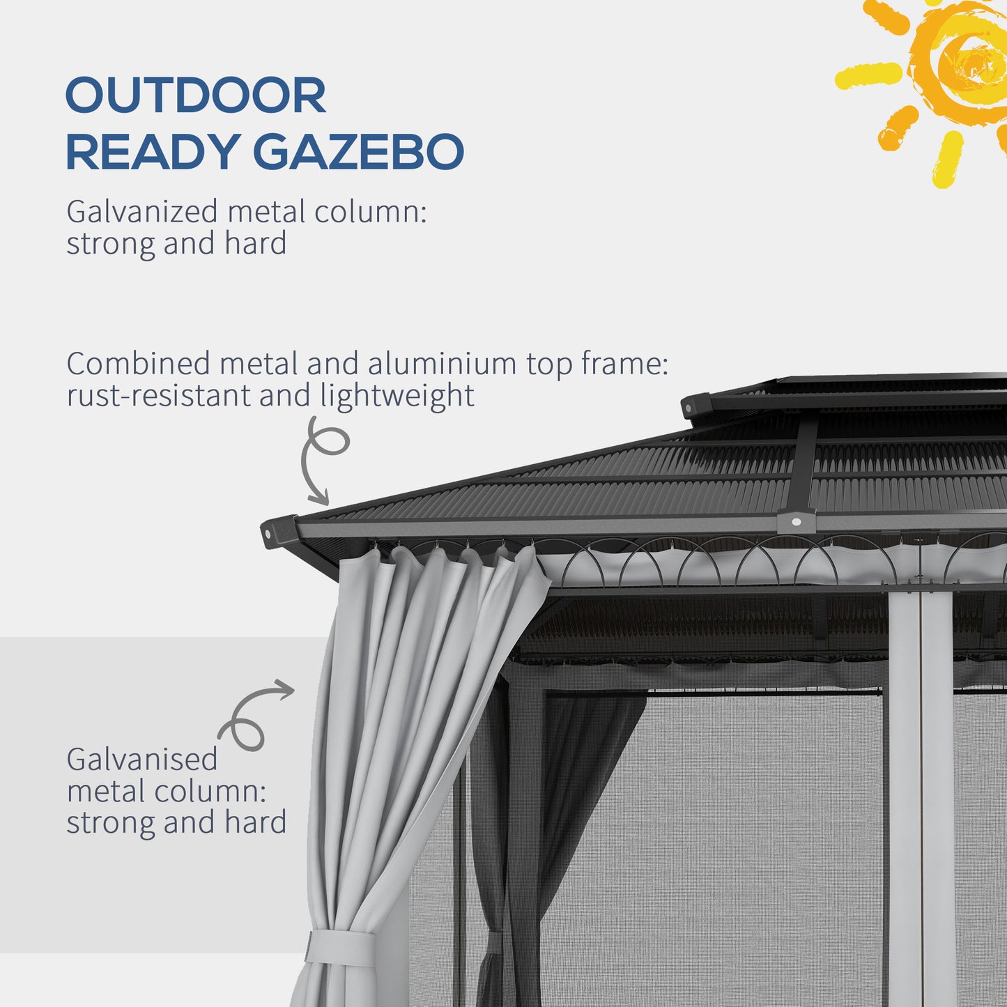 10' x 12' Outdoor Hardtop Gazebo Canopy w/ Double PC Roof, Steel Frame, Nettings, Curtains for Garden Lawn Deck, Grey