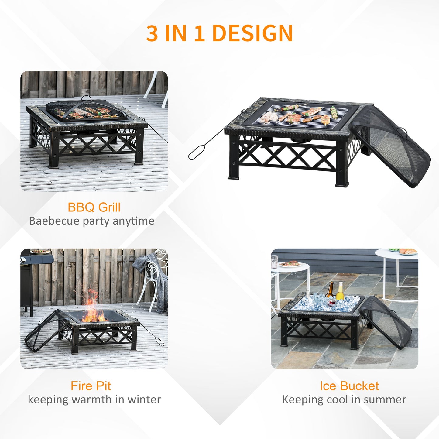 Outsunny 30" Outdoor Steel Square Firepit Square Stove with Spark Screen Cover, Log Grate, Poker, Grill Net for Patio