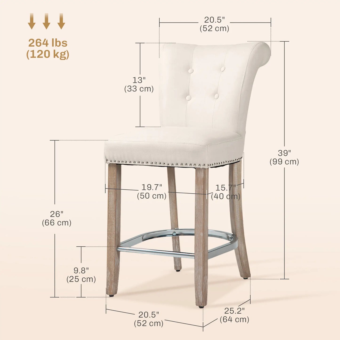 Bar Stools Set of 2, Upholstered Counter Height Stools with Button Tufted Back, Wood Legs and Footrest, in Cream White