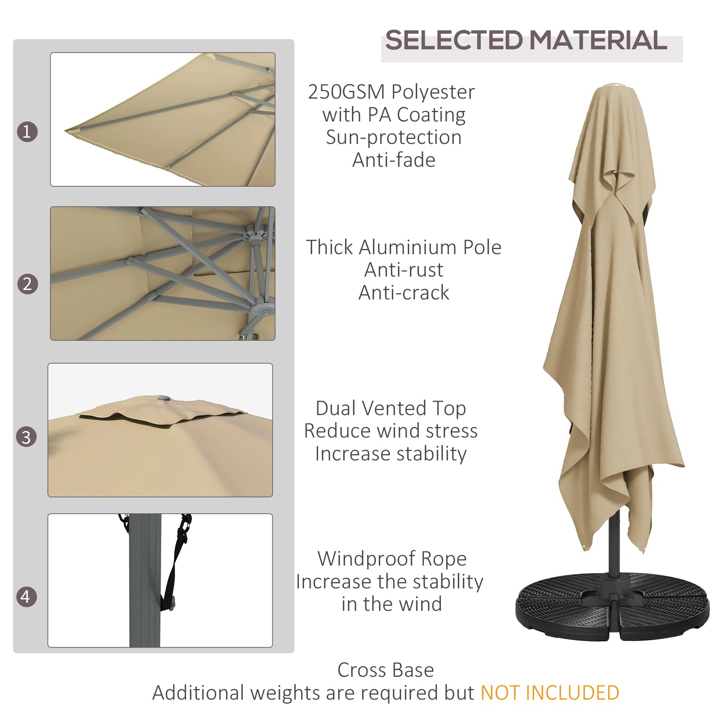 13 FT Cantilever Umbrella, Aluminum Hanging Offset with 360°Rotation, Crank, Tilt, Cross Base, in Khaki