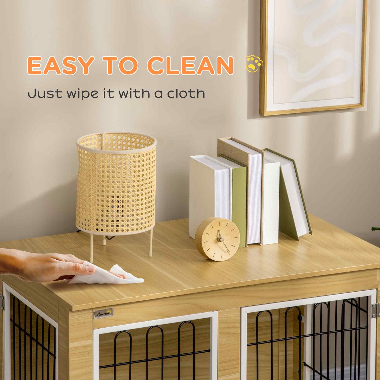 Pet Crate End Table with Soft Cushion, Double-Door Dog Crate Furniture for Medium Large Dogs, Wooden Wire Pet Kennel for Indoor Use