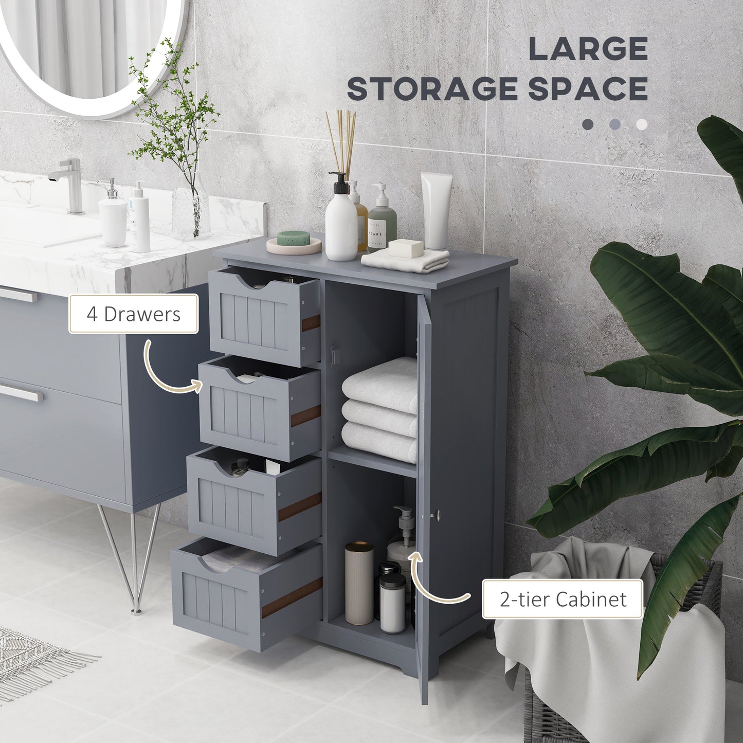 Bathroom Storage Cabinet with Adjustable Shelf and 4 Drawers, in Grey