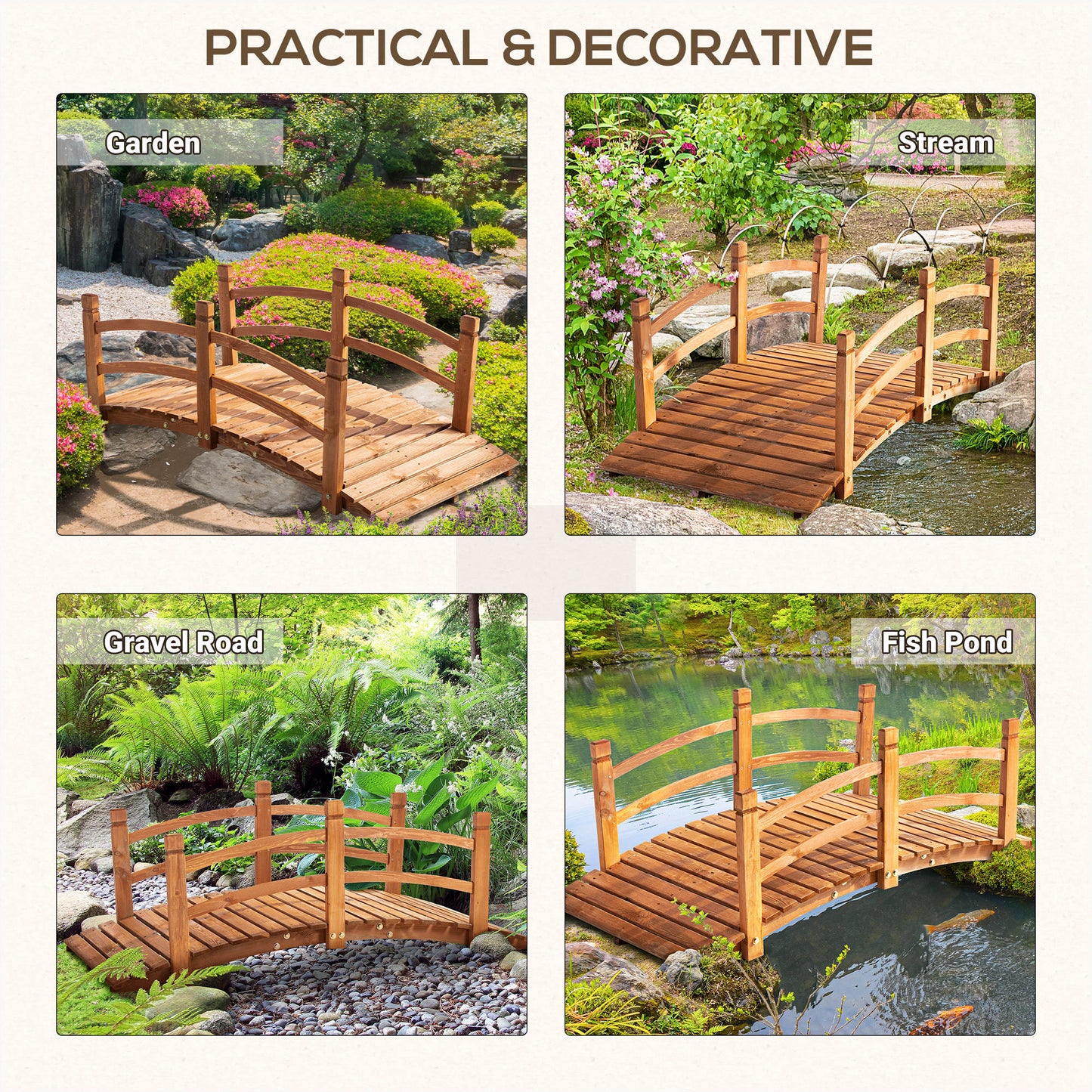 5FT Wooden Garden Bridge Classic Arc Footbridge with Guardrails for Stream Pond Walkway, Orange