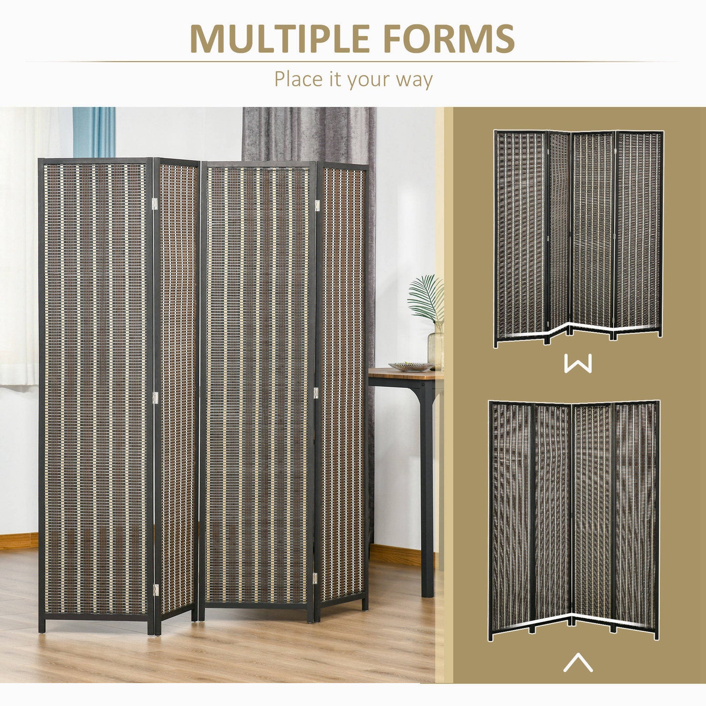 4 Panel Room Divider, 6 Ft Tall, Bamboo Hand-Woven Freestanding, Brown