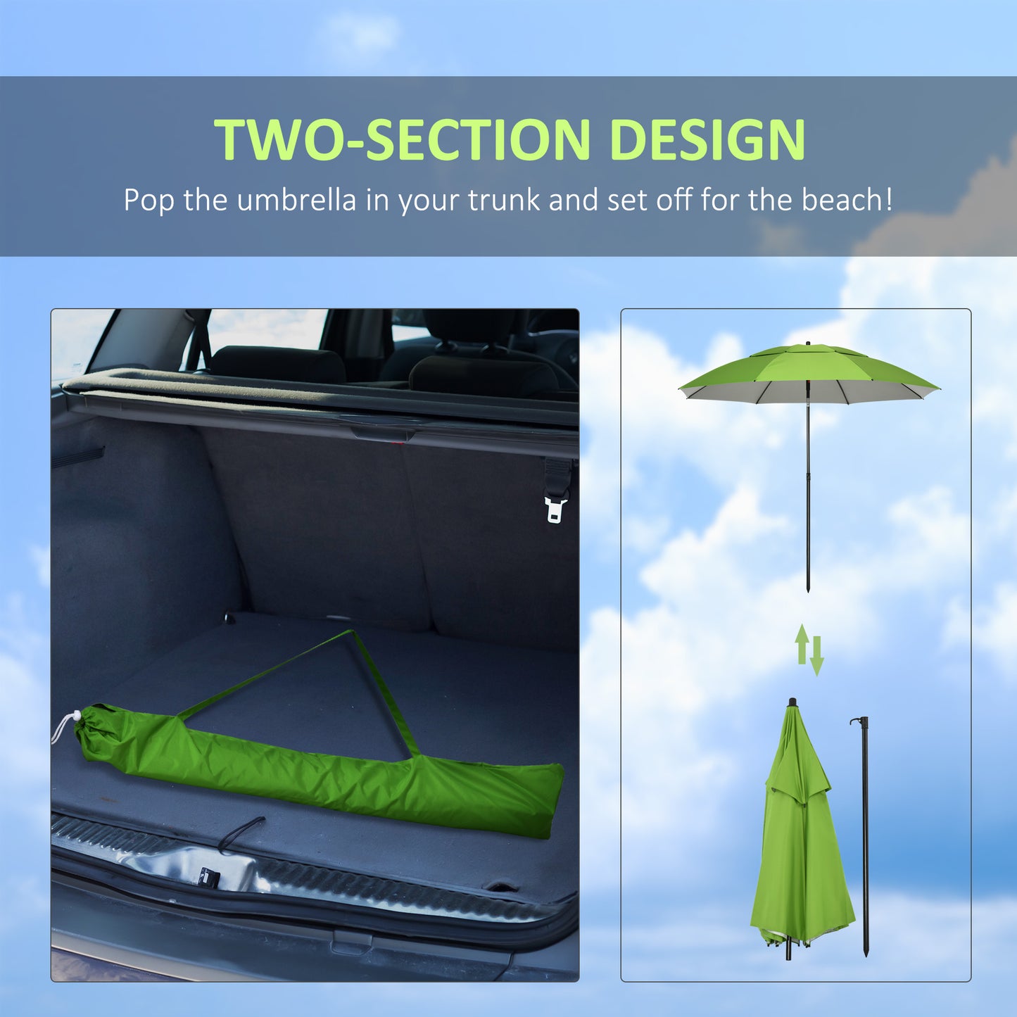 6.6ft Arced Beach Umbrella Angle Adjustable Patio Umbrella w/ Steel Frame, Carry Bag, UV30+ Outdoor Umbrella, Green