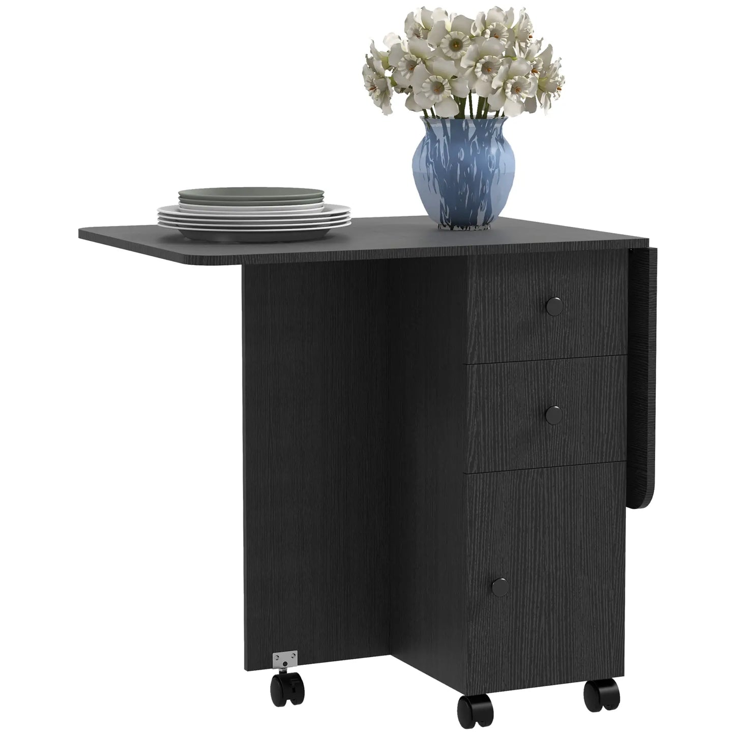 Drop Leaf kitchen Dining Table, on Wheels with Drawers and Cabinet in Black