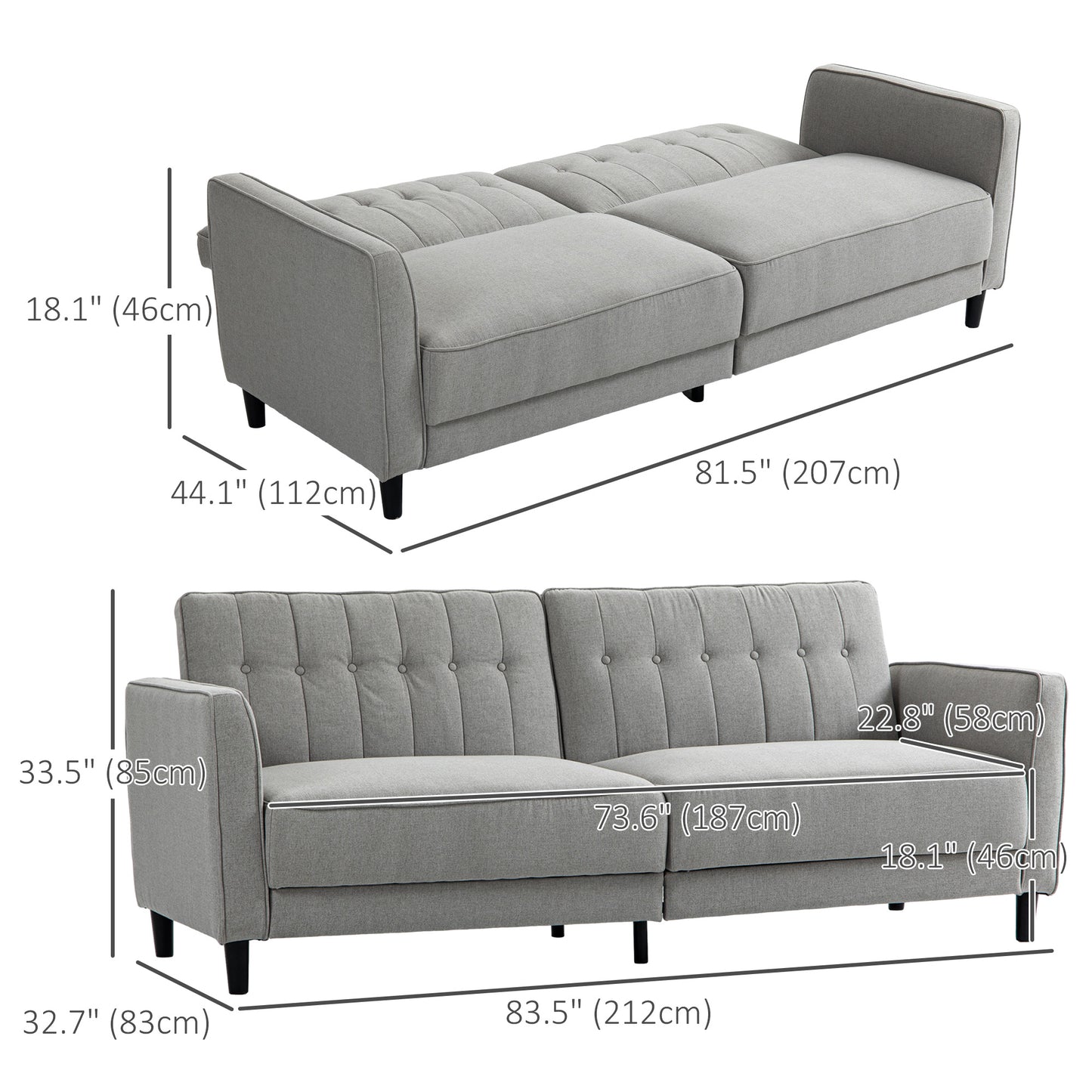 Pull Out Sofa Bed, Button Tufted Fabric Convertible Bed Couch with Adjustable Back, for Living Room, Grey