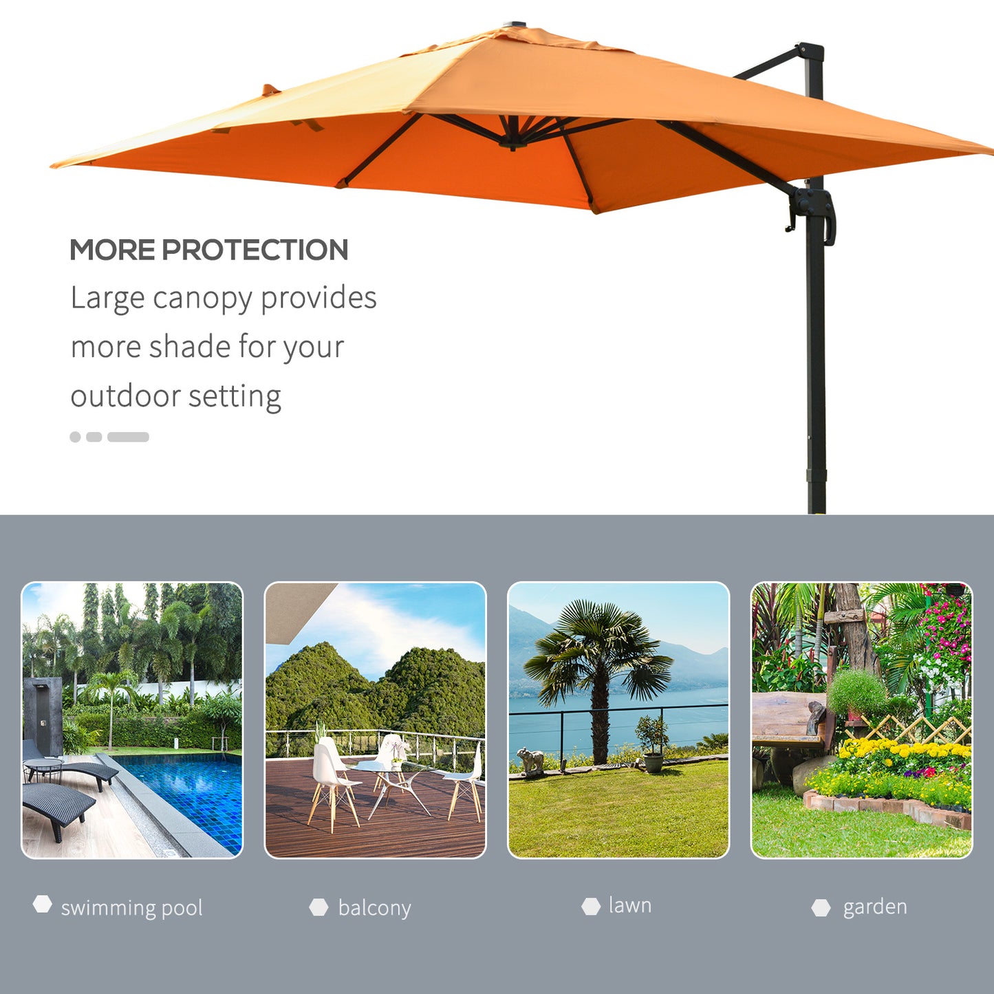 Outsunny 9.7x9.7ft Cantilever Umbrella Rotatable Square Top Market Parasol with 4 Adjustable Angle for Backyard Patio Outdoor Area Orange