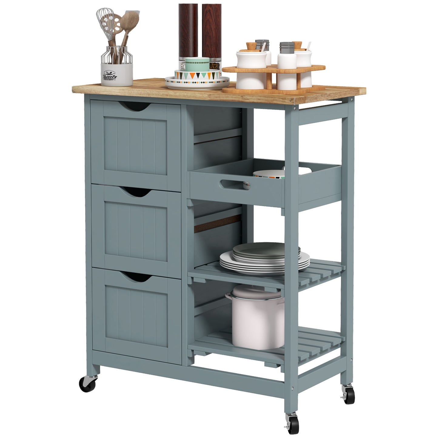 Rolling Kitchen Island Cart with Wood Top, 3 Drawers and Shelves