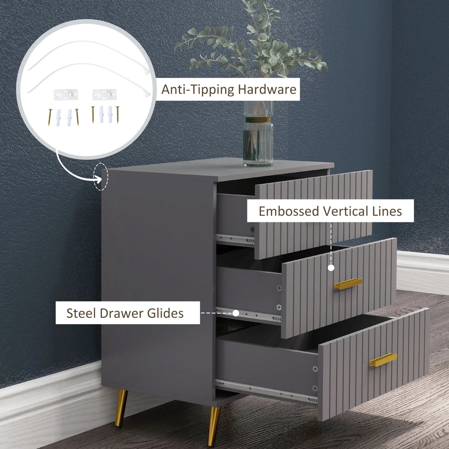 3 Drawer Drawer Chest with Aluminium Legs and Gold Handles, in Dark Grey