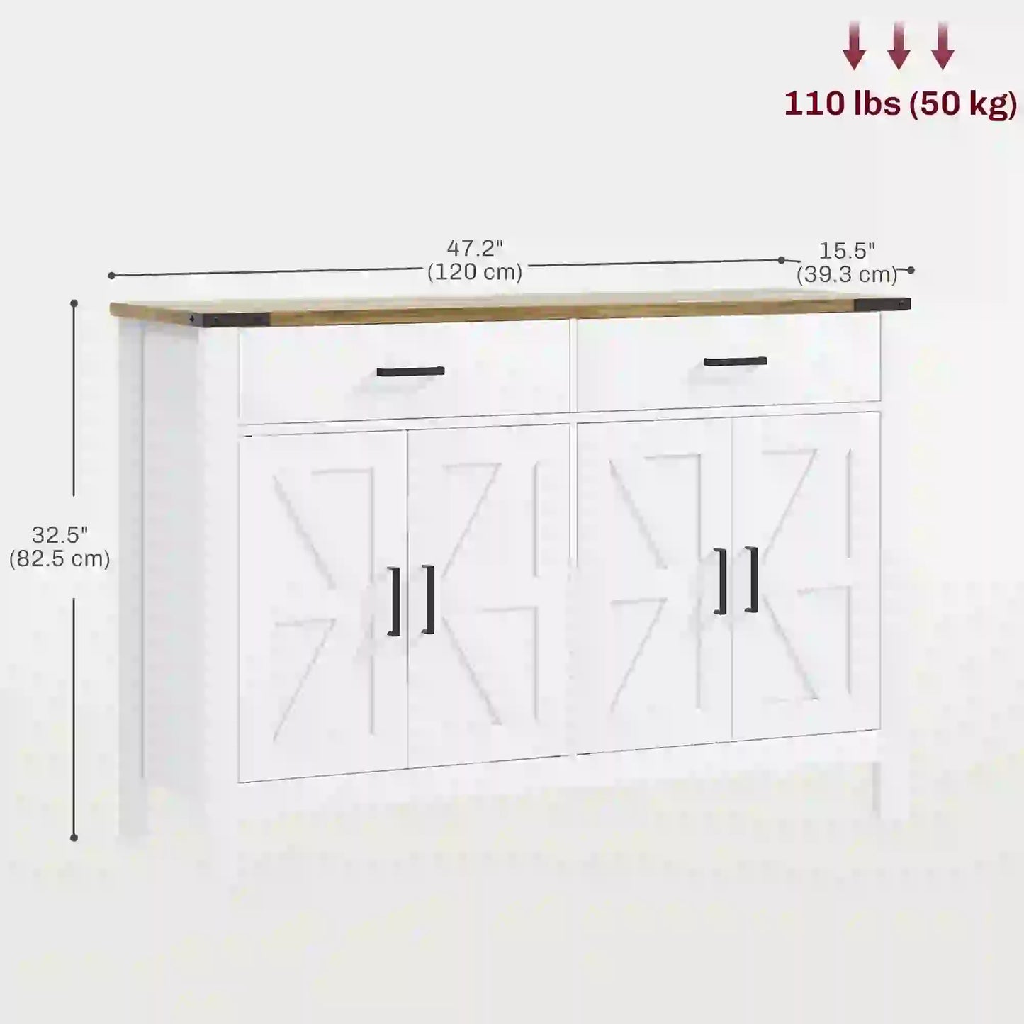 Farmhouse Buffet Cabinet Sideboard with 2 Drawers, 2 Storage Cabinets and Adjustable Shelves, White