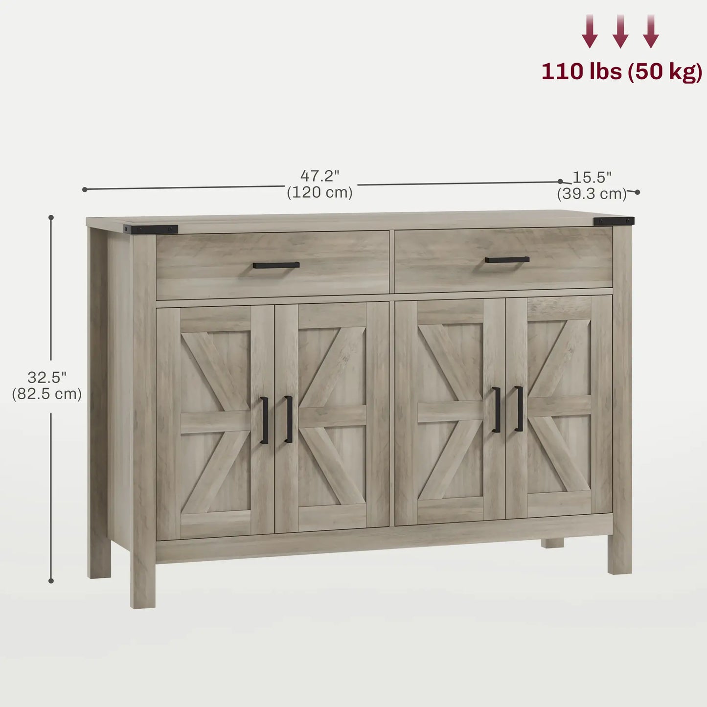 Farmhouse Buffet Cabinet Sideboard with 2 Drawers, 2 Storage Cabinets and Adjustable Shelves, Grey