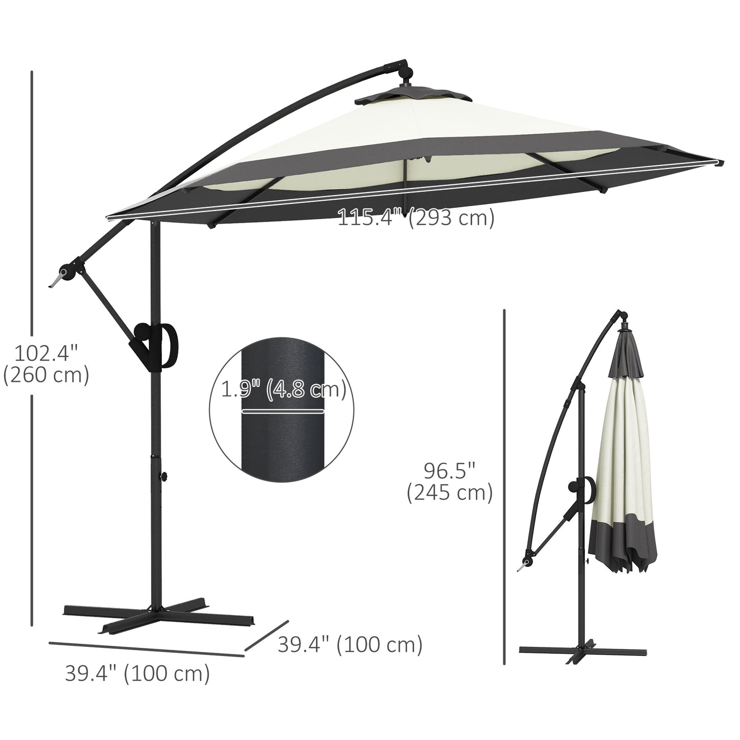 10 FT Cantilever Umbrella, Round Hanging Offset Umbrella with Crank, Tilt and Cross Base for Garden, Backyard, Grey