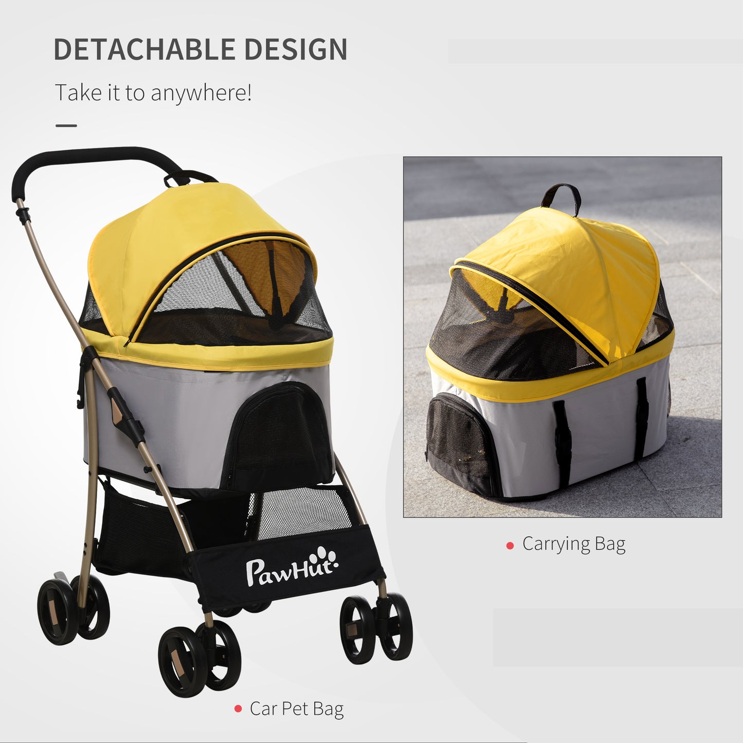 PawHut 4 Wheels Pet Stroller, 3 in 1 Dog Cat Travel Folding Carrier, for Small Dogs, Detachable, w/ Brake, Canopy, Basket, Storage Bag - Yellow