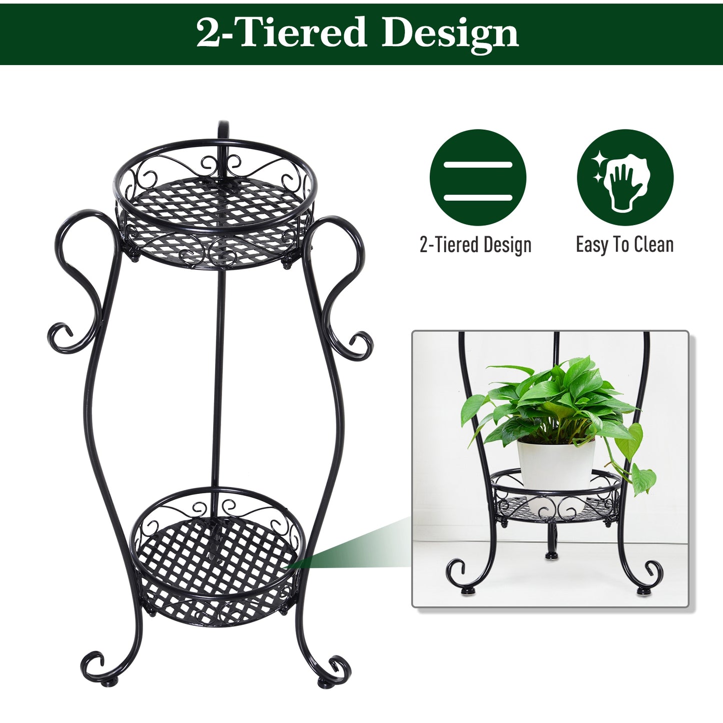 2 Shelf Flower Pot Stand 2-Tier Freestanding Plant Display Rack Indoor Outdoor Metal Easy to clean porch, patio, backyard