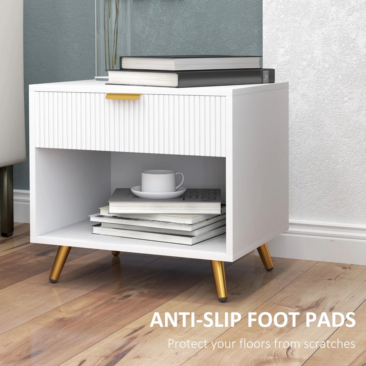 Nightstand with Fluted Panel, Bedside Table with Drawer and Open Compartment in White