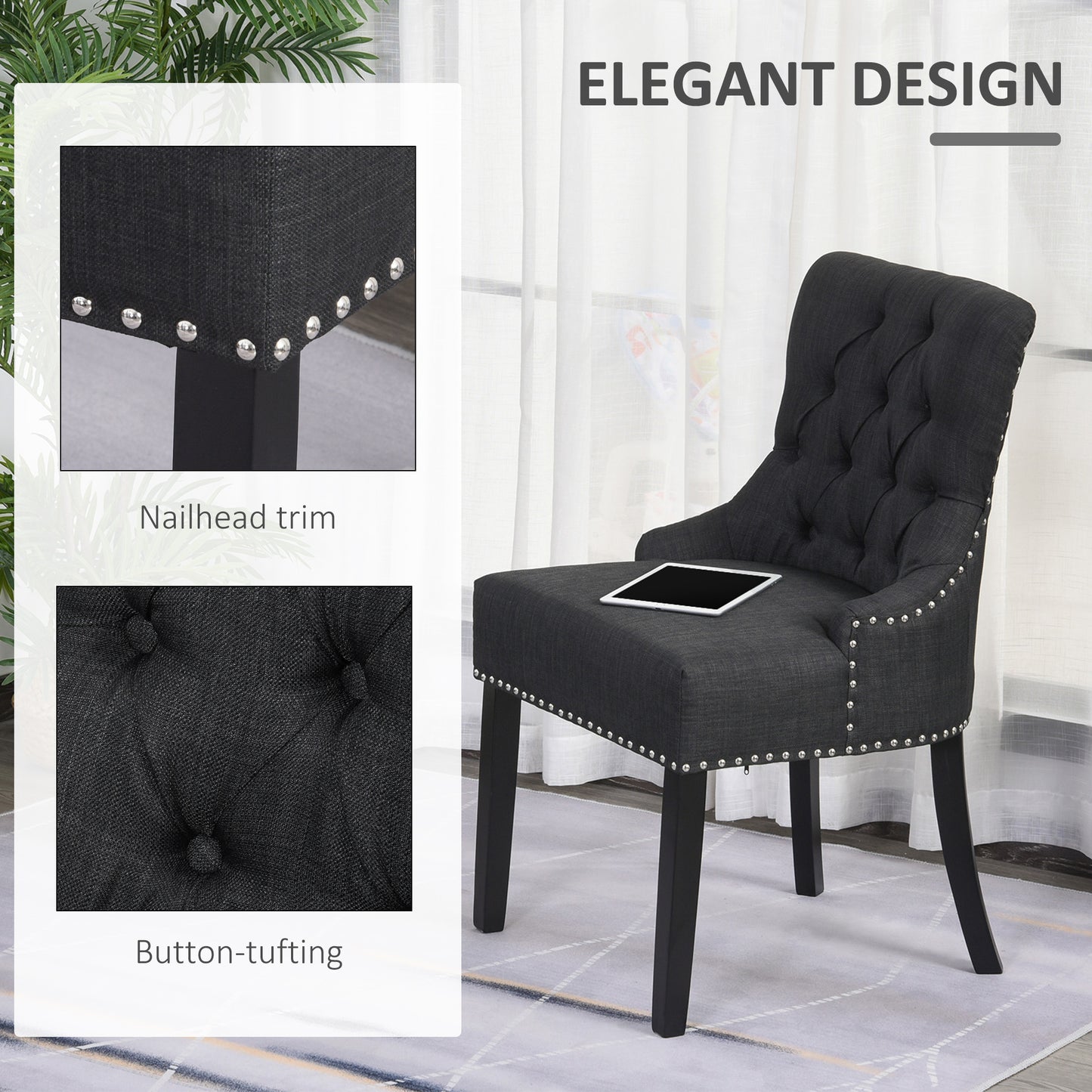 Button-Tufted Dining Chair, Fabric Upholstered with Nailed Trim & Wood Legs , Set of 2, Dark Grey