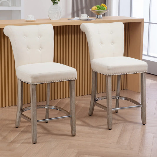 Bar Stools Set of 2, Upholstered Counter Height Stools with Button Tufted Back, Wood Legs and Footrest, in Cream White