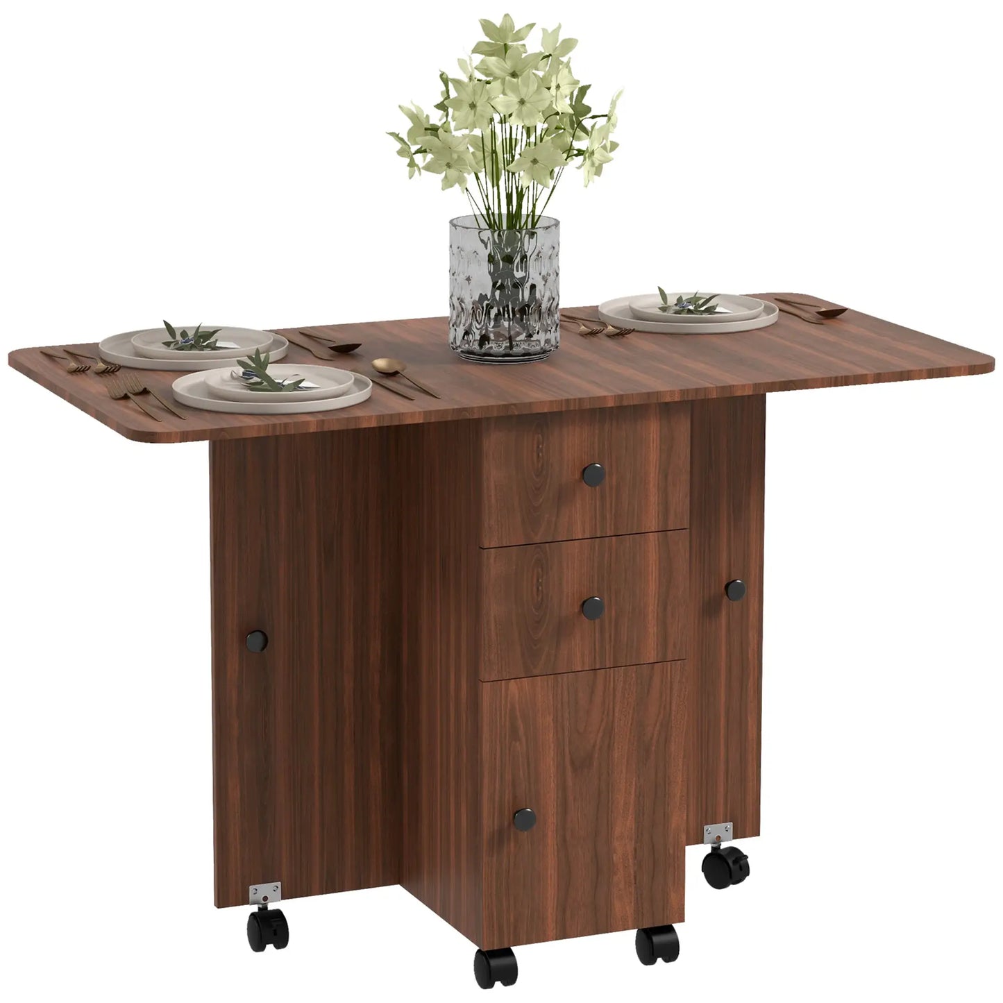 Drop Leaf kitchen Dining Table, on Wheels with Drawers and Cabinet in Brown