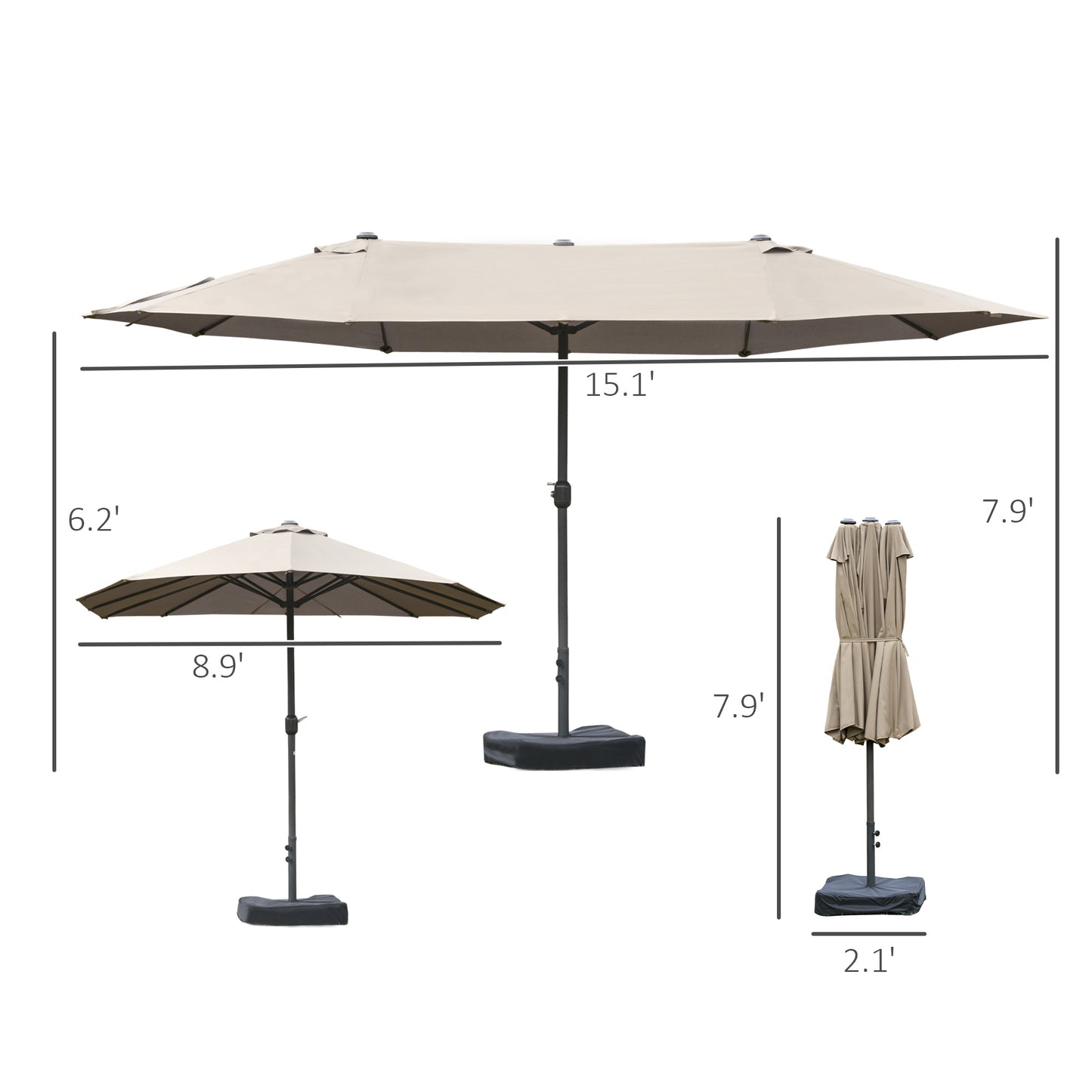 15' Outdoor Patio Umbrella with Twin Canopy Sunshade Steel Table Umbrella w/ Lift Crank, Cross base, Sandbag, Brown