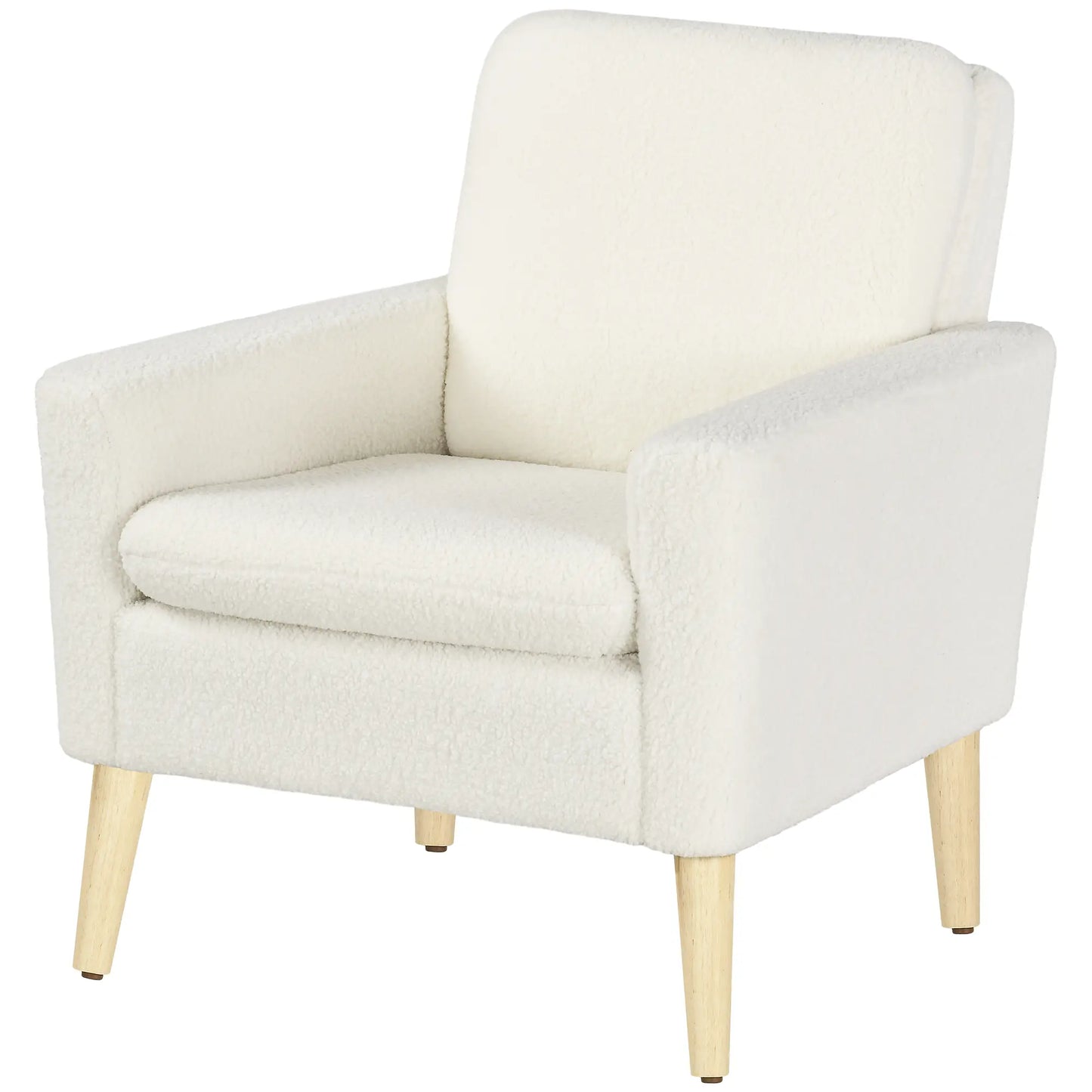 Fabric Accent Chair, Modern Upholstered with Wood Legs and Wide Padded Seat, in Cream White