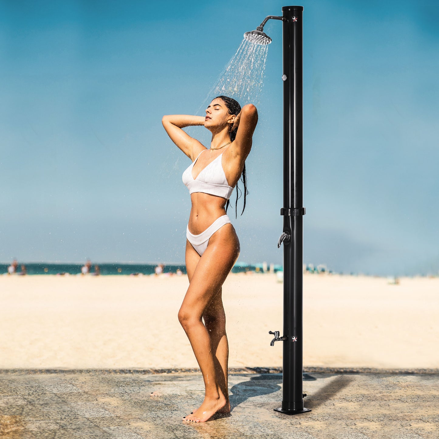 7.3FT 5.3 Gallon Solar Heated Shower, 2-Section Outdoor Shower with Shower Head, Foot Shower, Temperature Display for Backyard, Poolside, Spa, Beach, Black