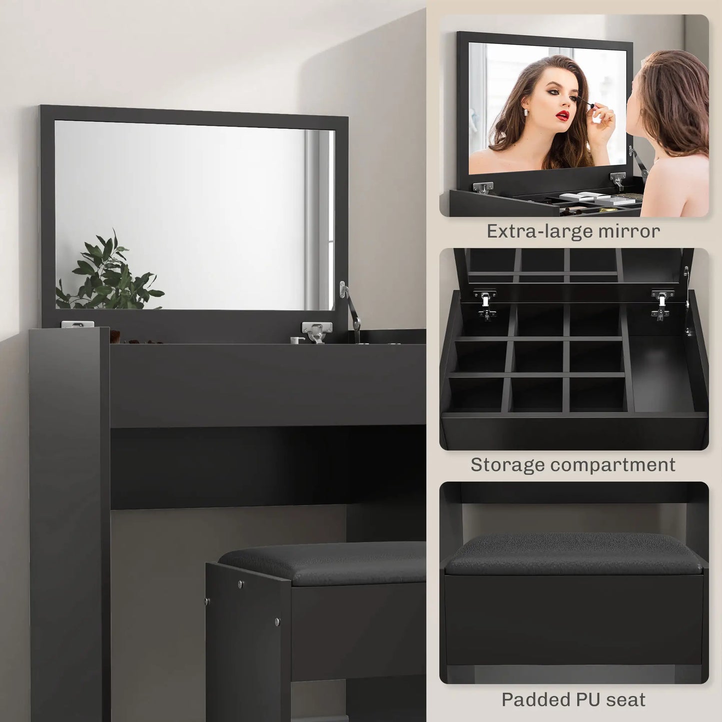 Modern Vanity Set with Makeup Table and Cushioned Stool, with Flip Top and Mirror, in Black