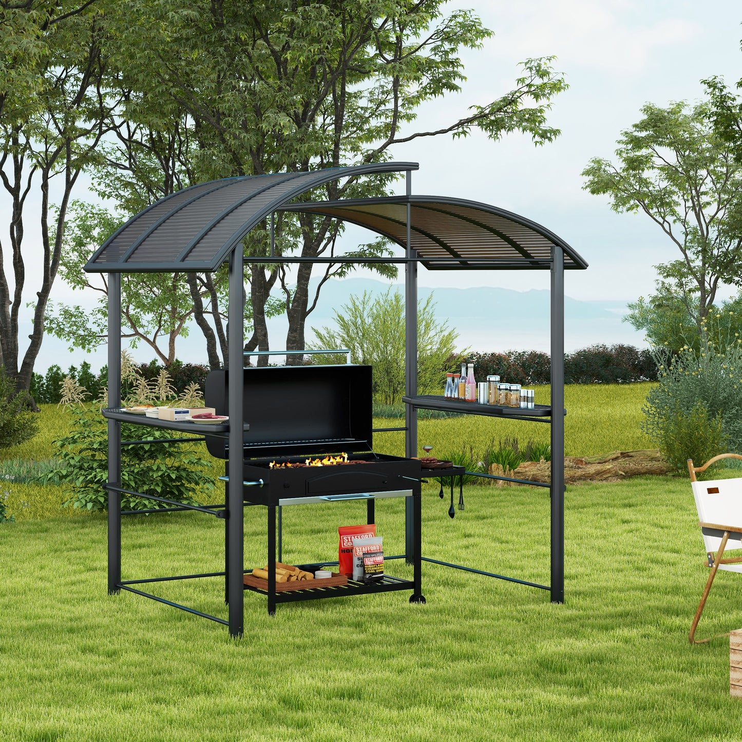 8' x 5' Grill Gazebo with Vented PC Roof, Side Shleves, Dark Grey