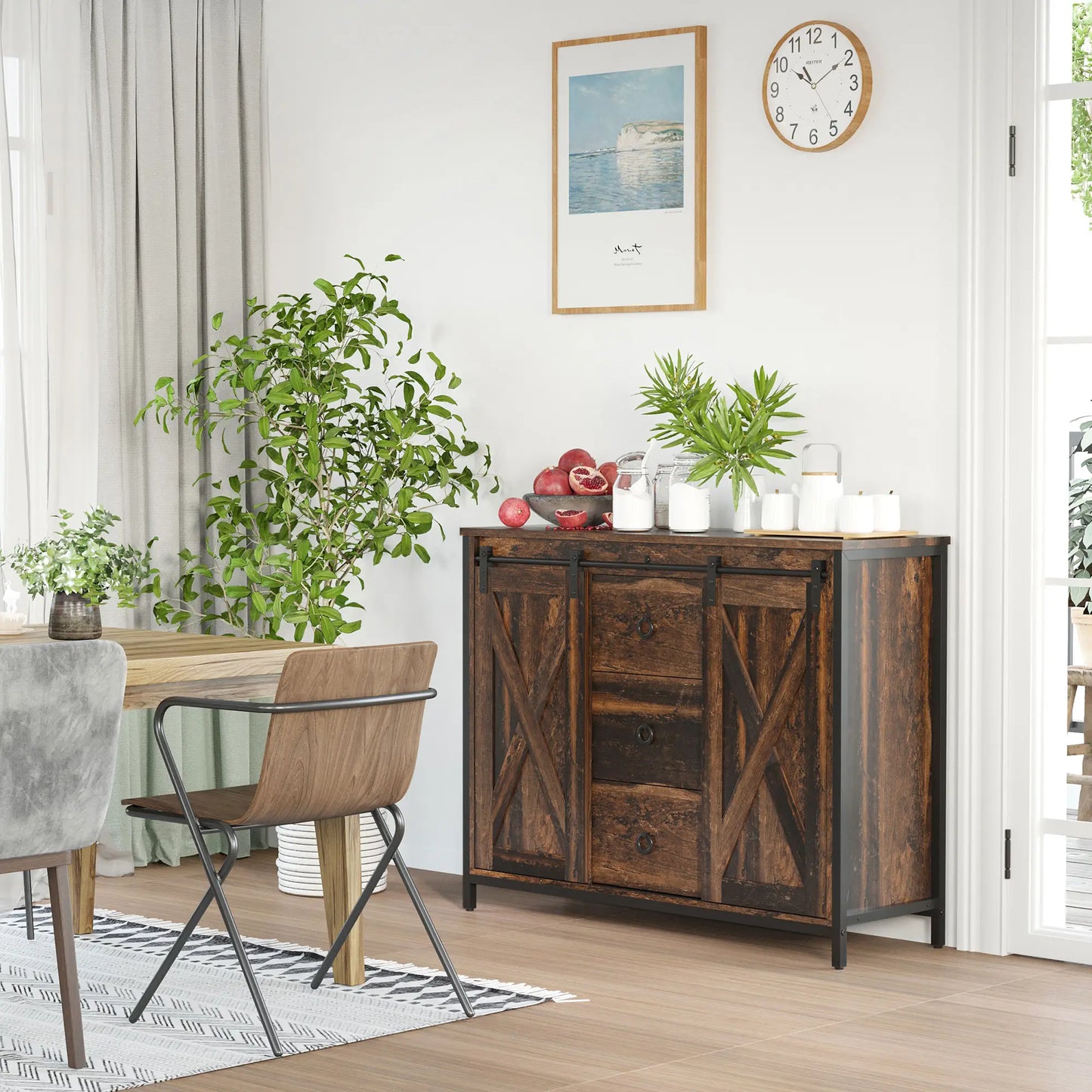 Industrial Buffet Cabinet, Kitchen Sideboard with Sliding Barn Doors, Three Drawers and Adjustable Shelves for Living Room, Dining Room, Rustic Brown