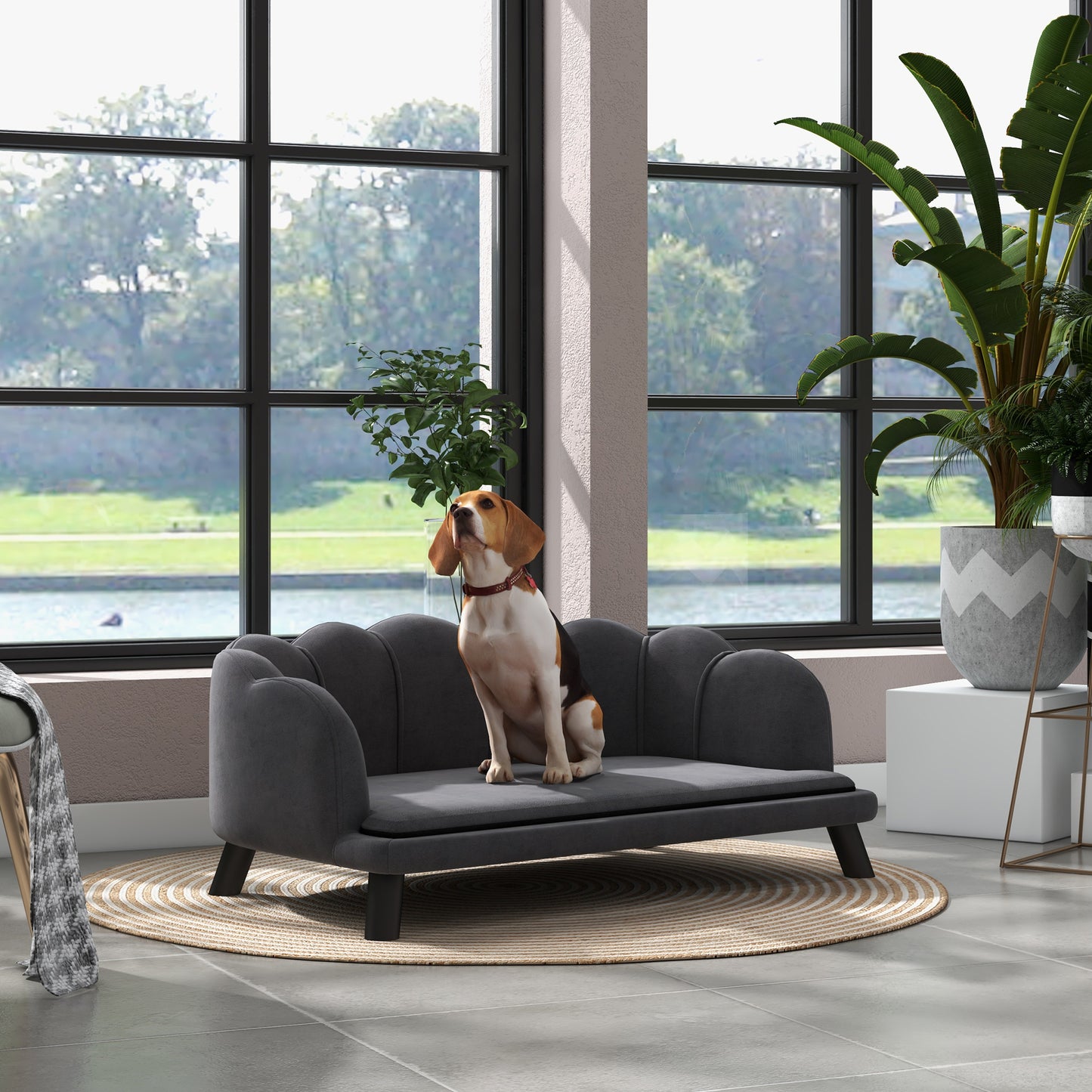 Dog Couch Pet Sofa Cat Bed with Removable Cushion Wood Legs for Medium and Large Dogs, Dark Grey