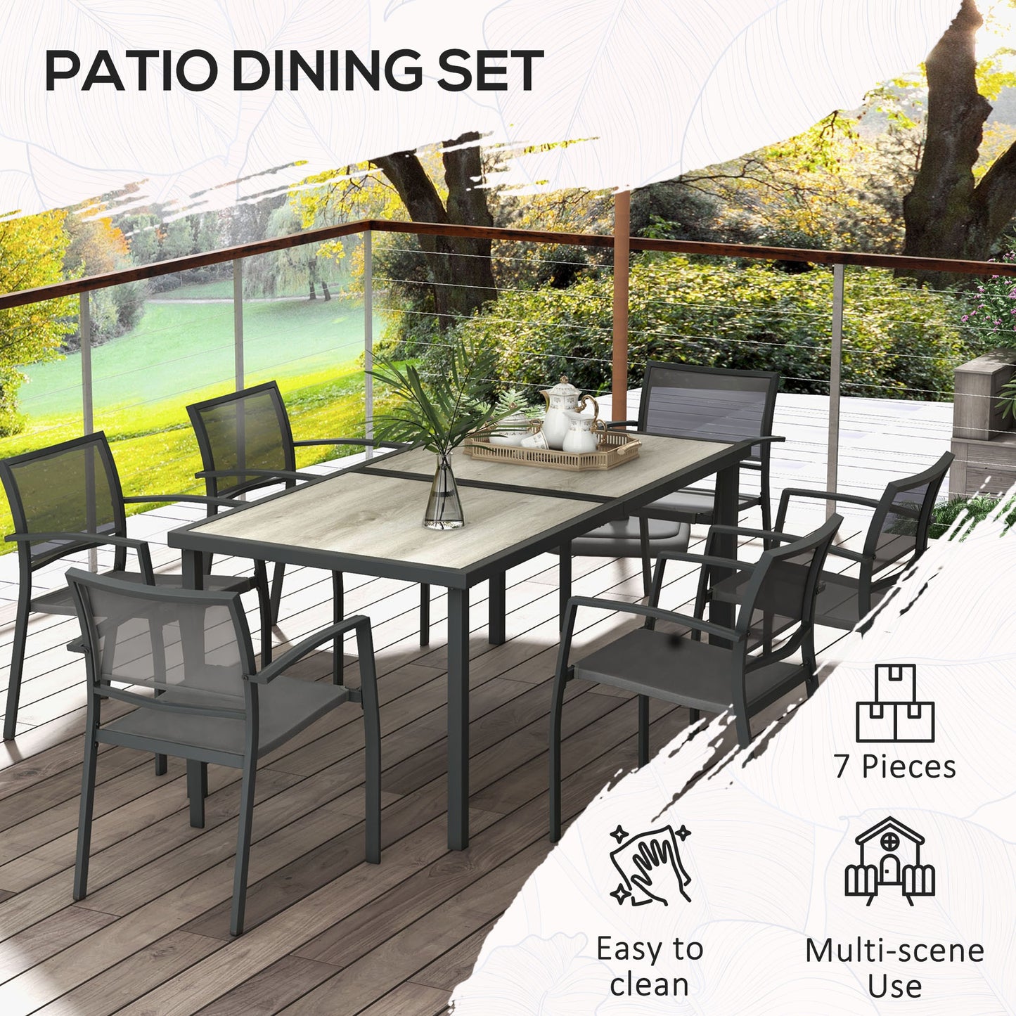 7 Pieces Outdoor Dining Set with 6 Stackable Chairs, Patio Table and Chairs with Plastic Top, Breathable Mesh Seat Back