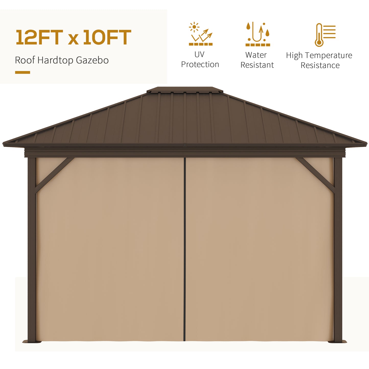 10' x 12' Outdoor Hardtop Gazebo Metal Roof Patio Gazebo with Aluminum Frame, Mesh Nettings, Curtains and Roomy Interior Space, Brown