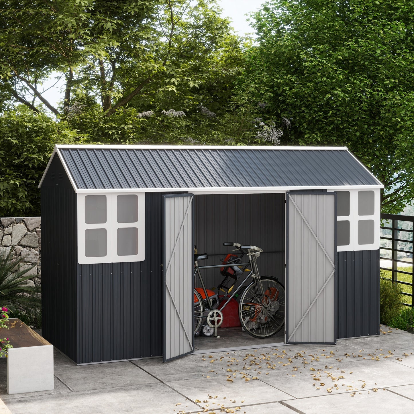 Outsunny 12' x 5.5' Metal Garden Storage Shed, Outdoor Tool Storage House with Lockable Door, Vents, Sloped Roof, Dark Grey