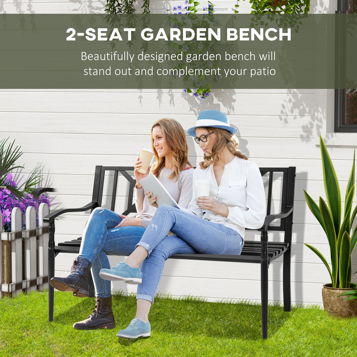 Outsunny Steel Garden Bench for Outdoor, 2-person Patio Bench, Loveseat Furniture for Lawn, Deck, Yard, Porch, Entryway, Black