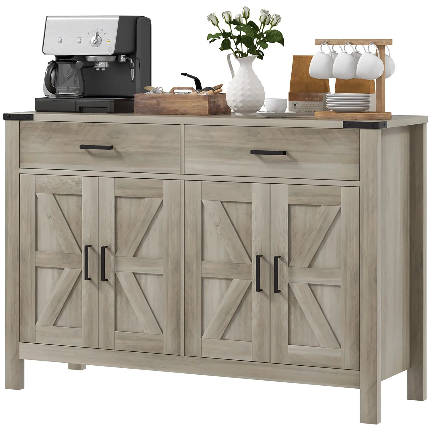 Farmhouse Buffet Cabinet Sideboard with 2 Drawers, 2 Storage Cabinets and Adjustable Shelves, Grey