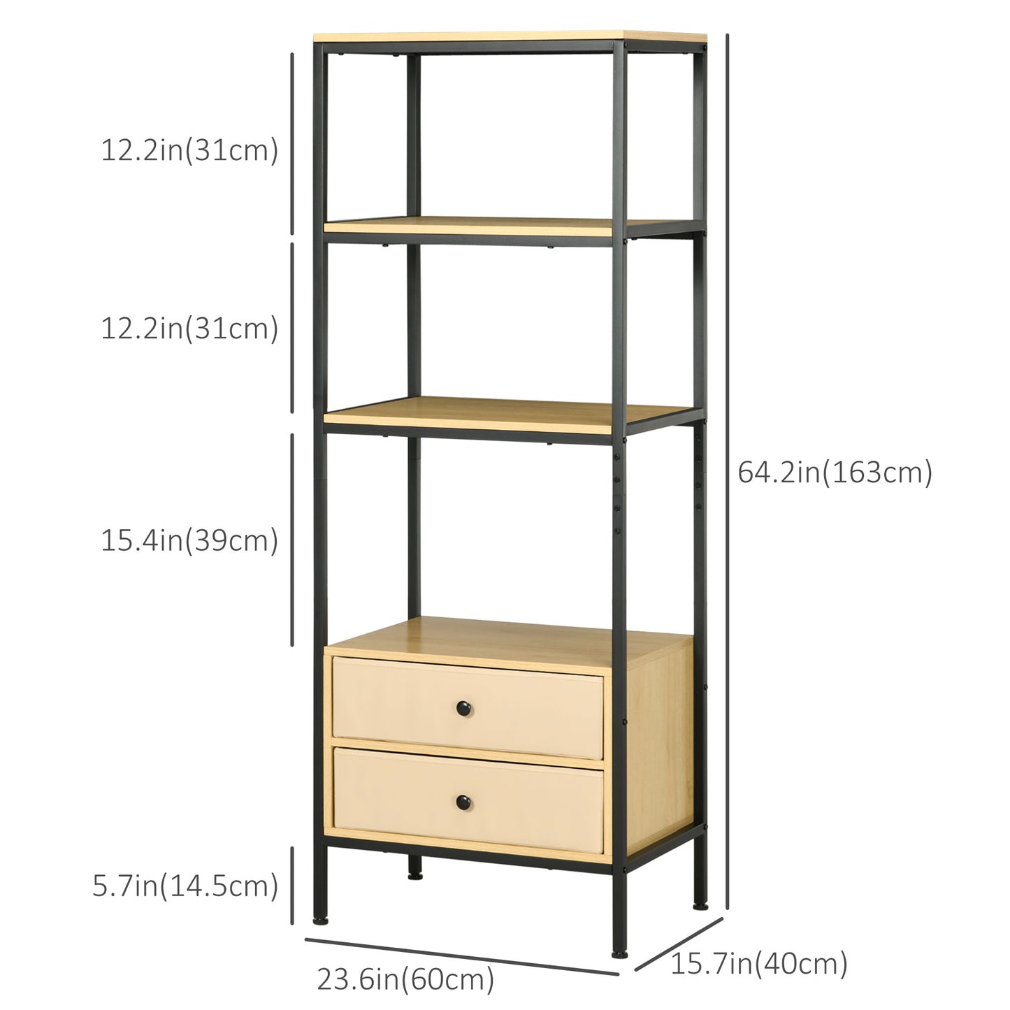 4-tier Storage Shelving Unit with 2 Fabric Drawers, Modern Bookshelf with Open Shelves for Living Room, Home Office, Bedroom,