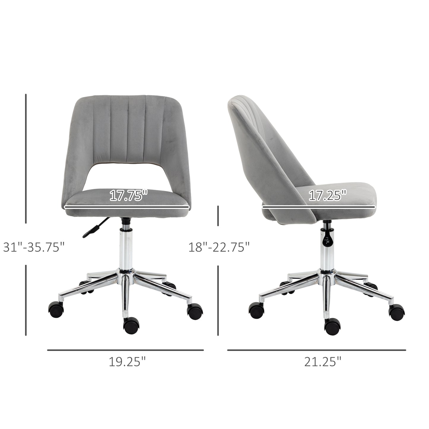 Mid Back Office Chair Velvet Fabric Swivel Scallop Shape Computer Desk Chair, Grey