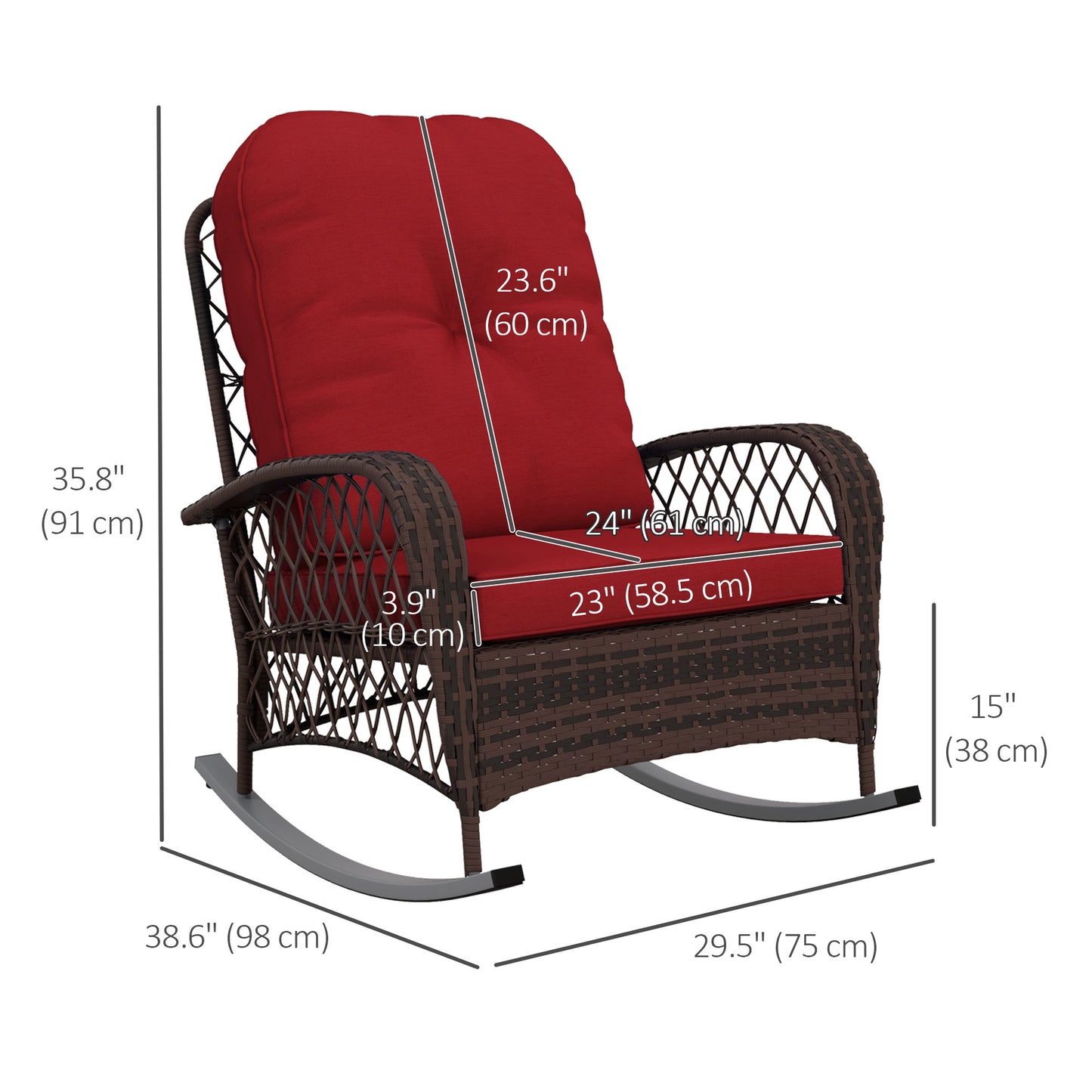 Outdoor Wicker Rattan Rocking Chair Patio Rocker with Thick Cushions for Garden Backyard Porch, Red