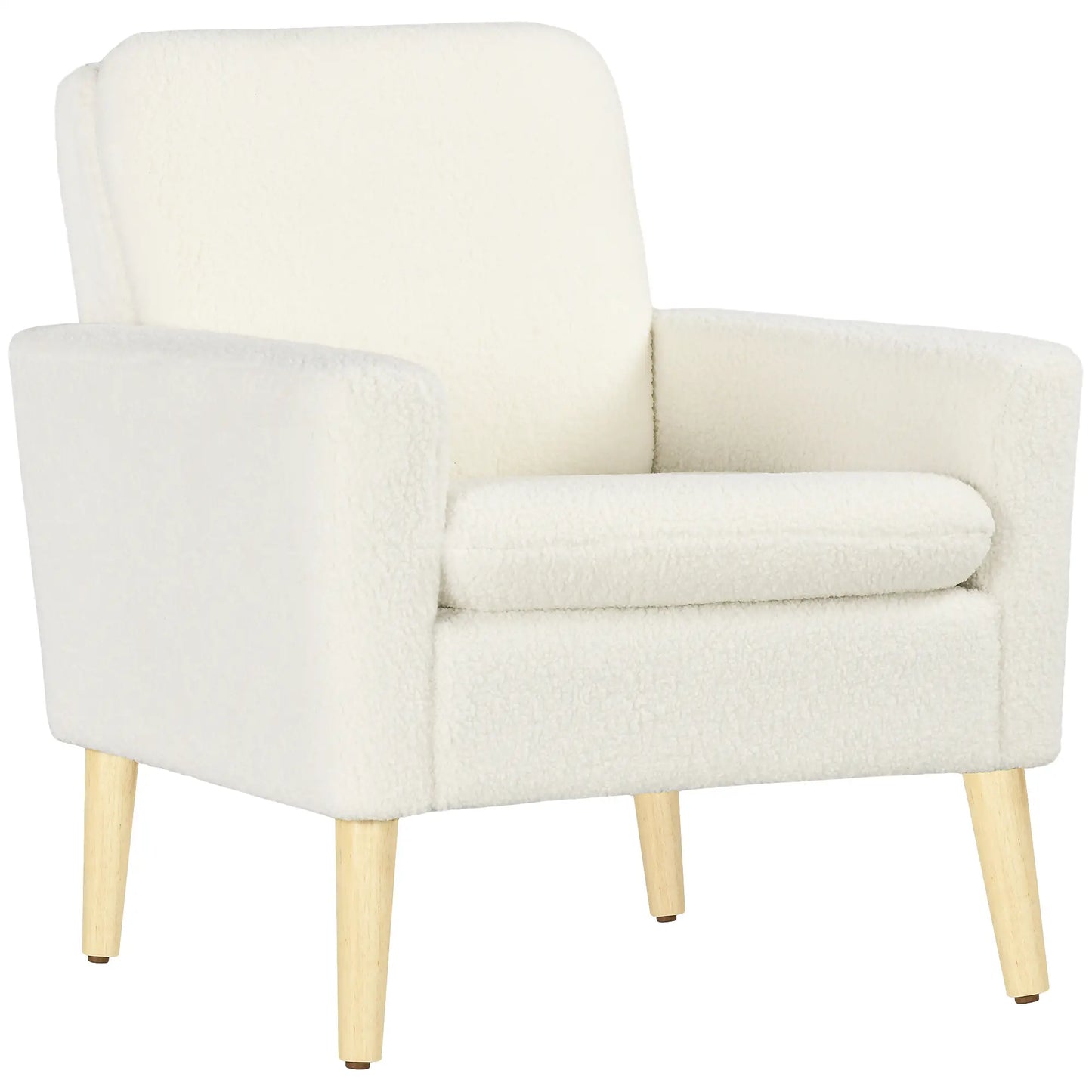 Fabric Accent Chair, Modern Upholstered with Wood Legs and Wide Padded Seat, in Cream White