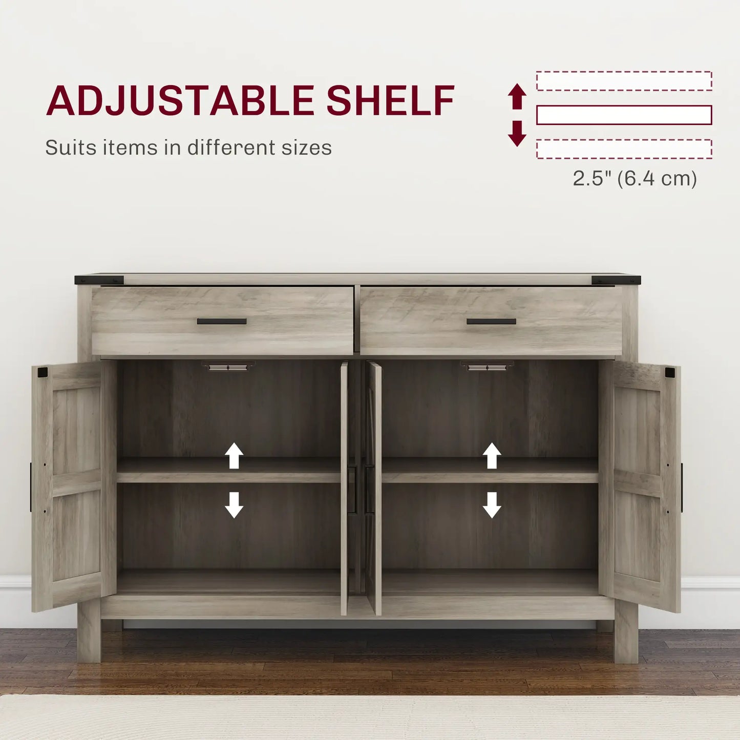 Farmhouse Buffet Cabinet Sideboard with 2 Drawers, 2 Storage Cabinets and Adjustable Shelves, Grey