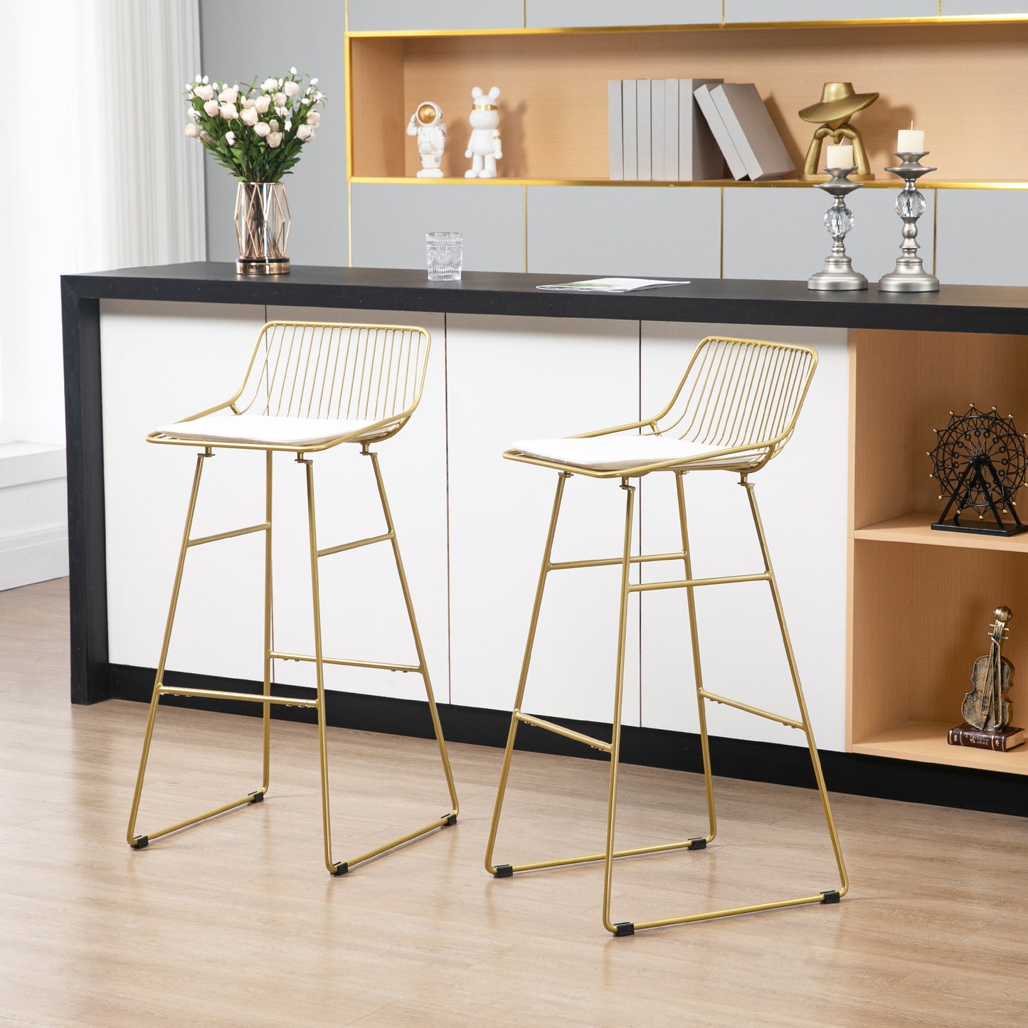 Bar Stools Set of 2, Metal Wire Bar Height Barstools, Bar Chairs for Kitchen with Removable Cushion, Back and Footrest, Gold