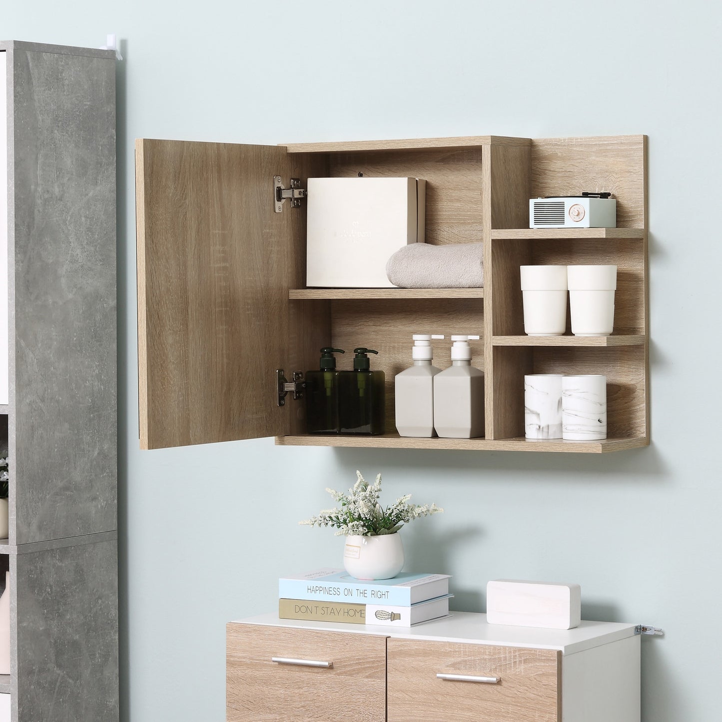 kleankin Bathroom Wall Cabinet, Medicine Cabinet with Mirror, Hanging Storage Organizer with Storage Shelves, Natural