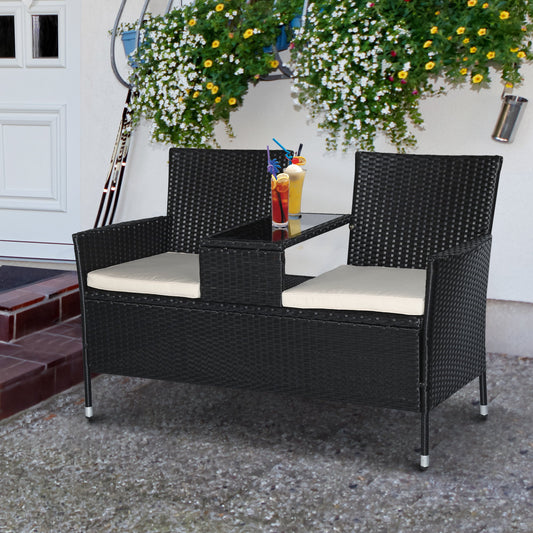 2 Seat Rattan Wicker Chair Garden Bench with Tea Table Backyard All Weather Padded Seat Black