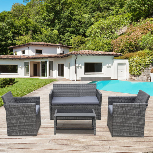 Outsunny 4 Pieces Patio Furniture Set with Cushions, Outdoor PE Rattan Wicker Conversation Garden Sofa Set with 2-Seater Chairs & Glass Coffee Table, Grey