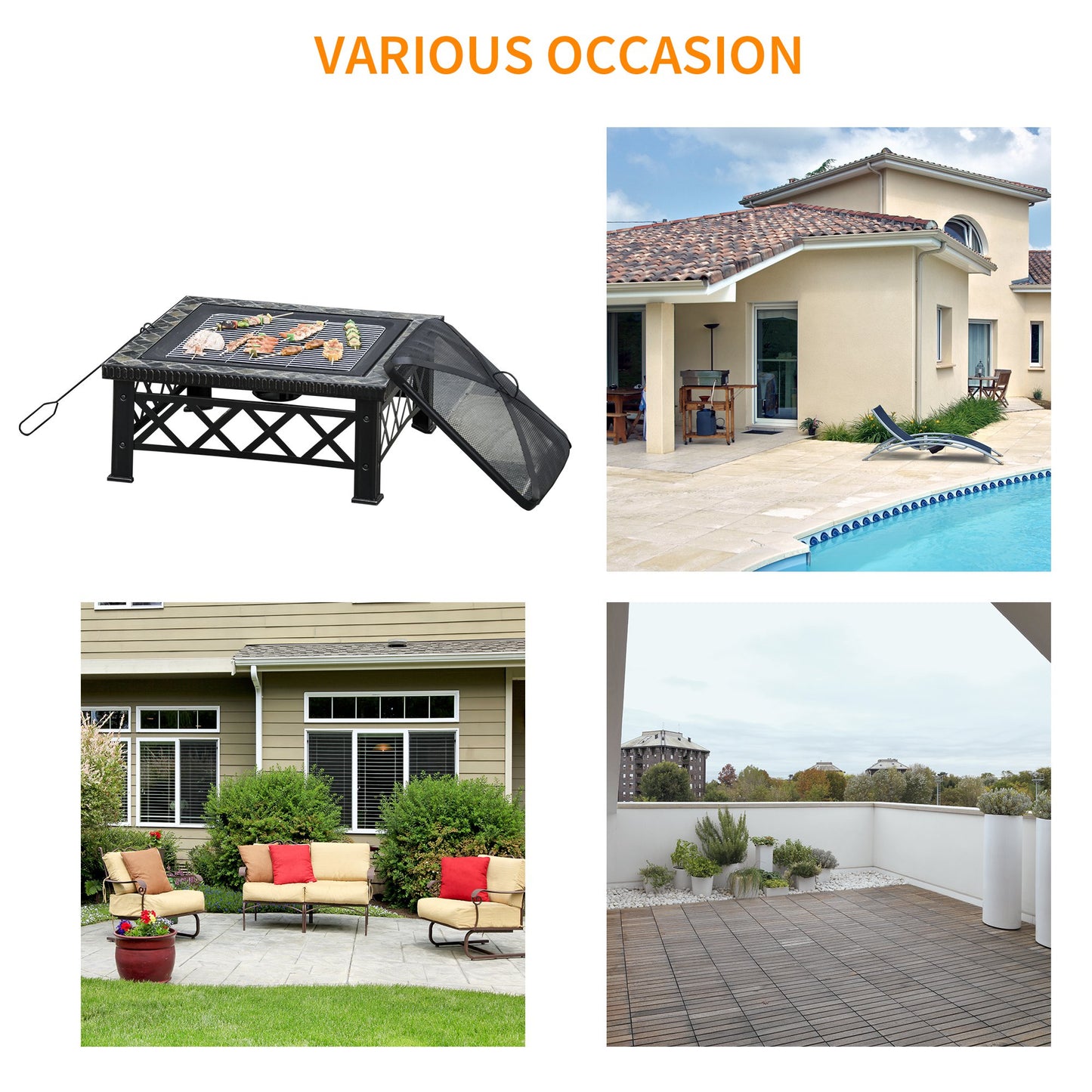 Outsunny 30" Outdoor Steel Square Firepit Square Stove with Spark Screen Cover, Log Grate, Poker, Grill Net for Patio