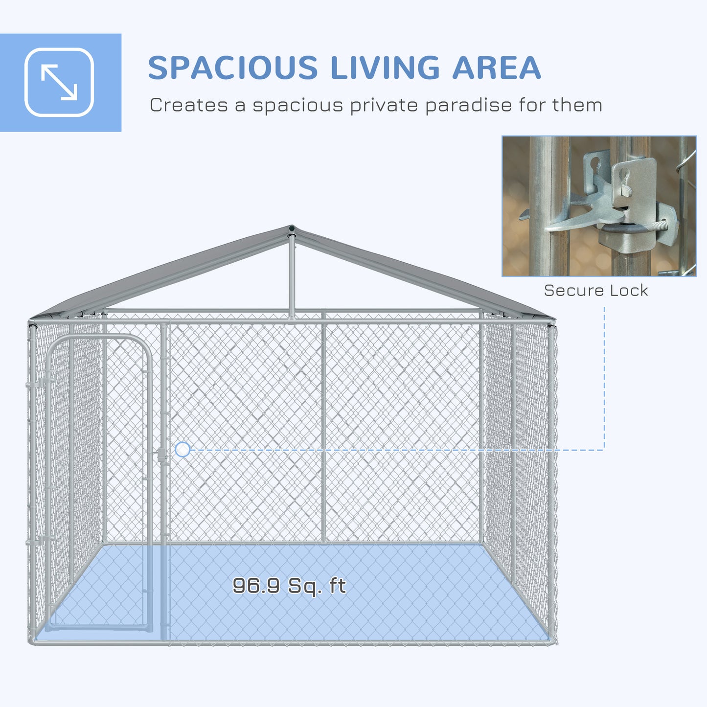 Dog Kennel Outdoor Run Fence with Roof, Steel Lock, Mesh Sidewalls for Backyard & Patio, 9.8' x 9.8' x 7.7'