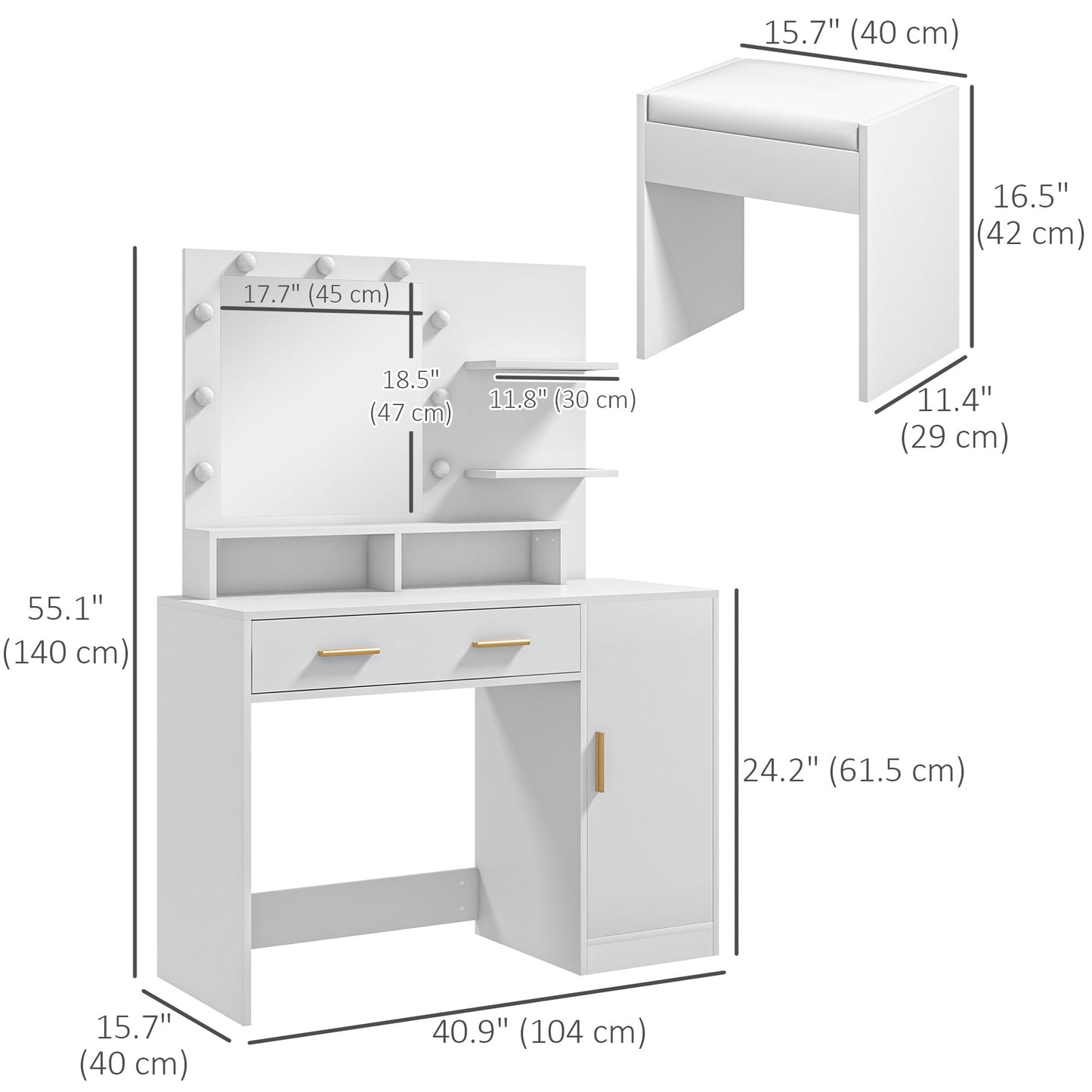 Illuminated Dressing Table Set, LED Vanity Table Set with Stool, LED Mirror, Drawer and Cabinet Shelves for Bedroom