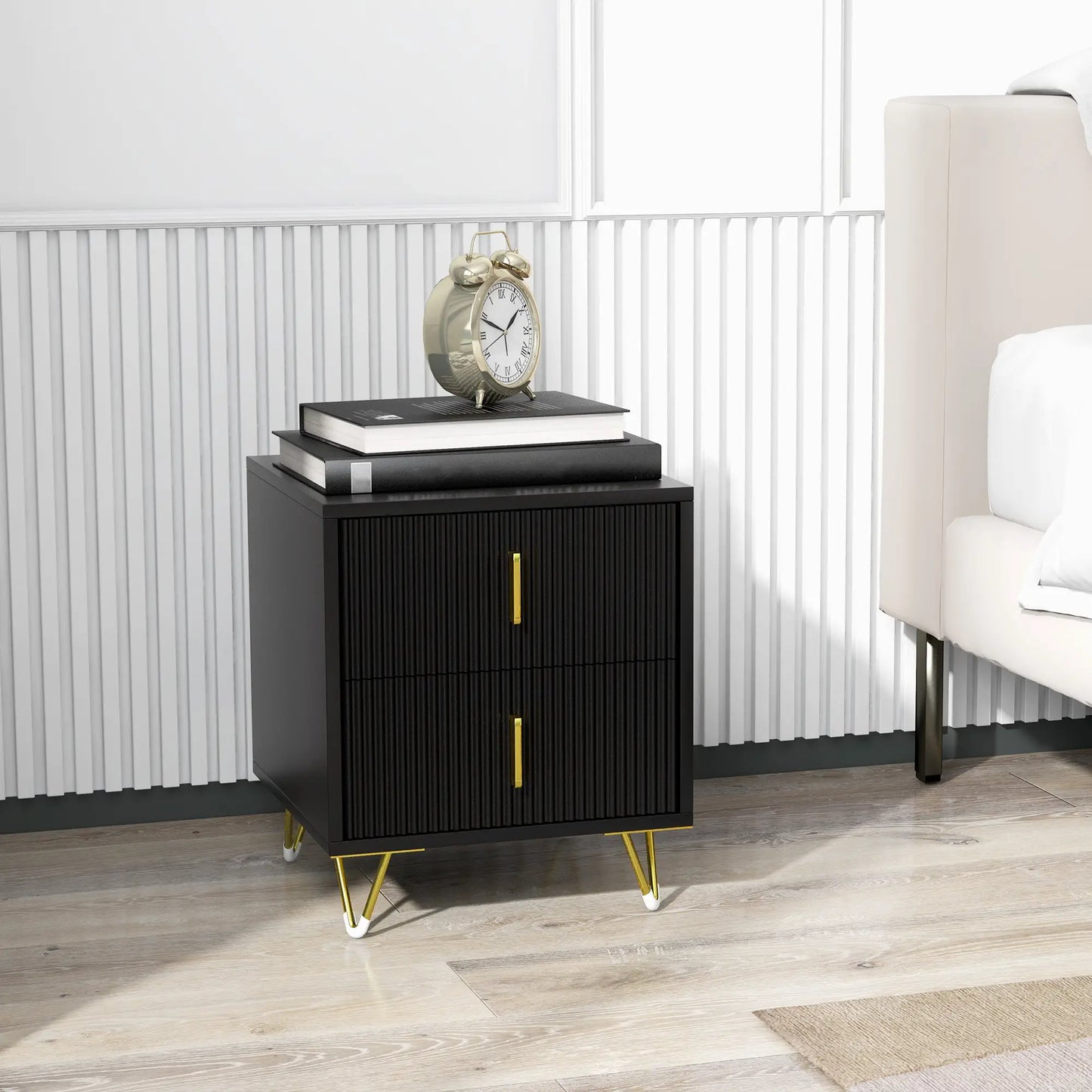 Modern Nightstand or End Table with 2 Drawers, Side End Table with Metal Legs for Living Room or Bedroom, Black